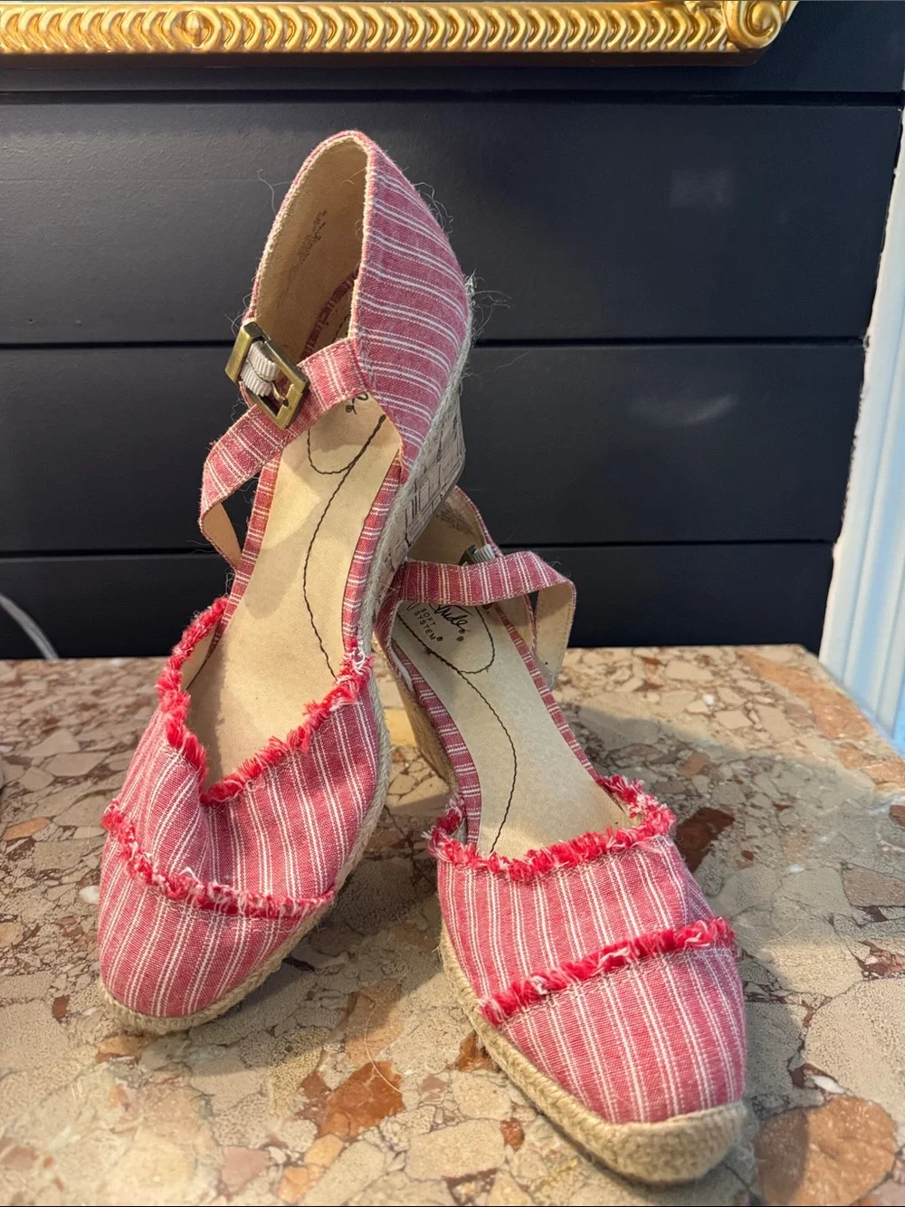 Women’s Striped Pink Espadrille Wedges with Ankle Strap